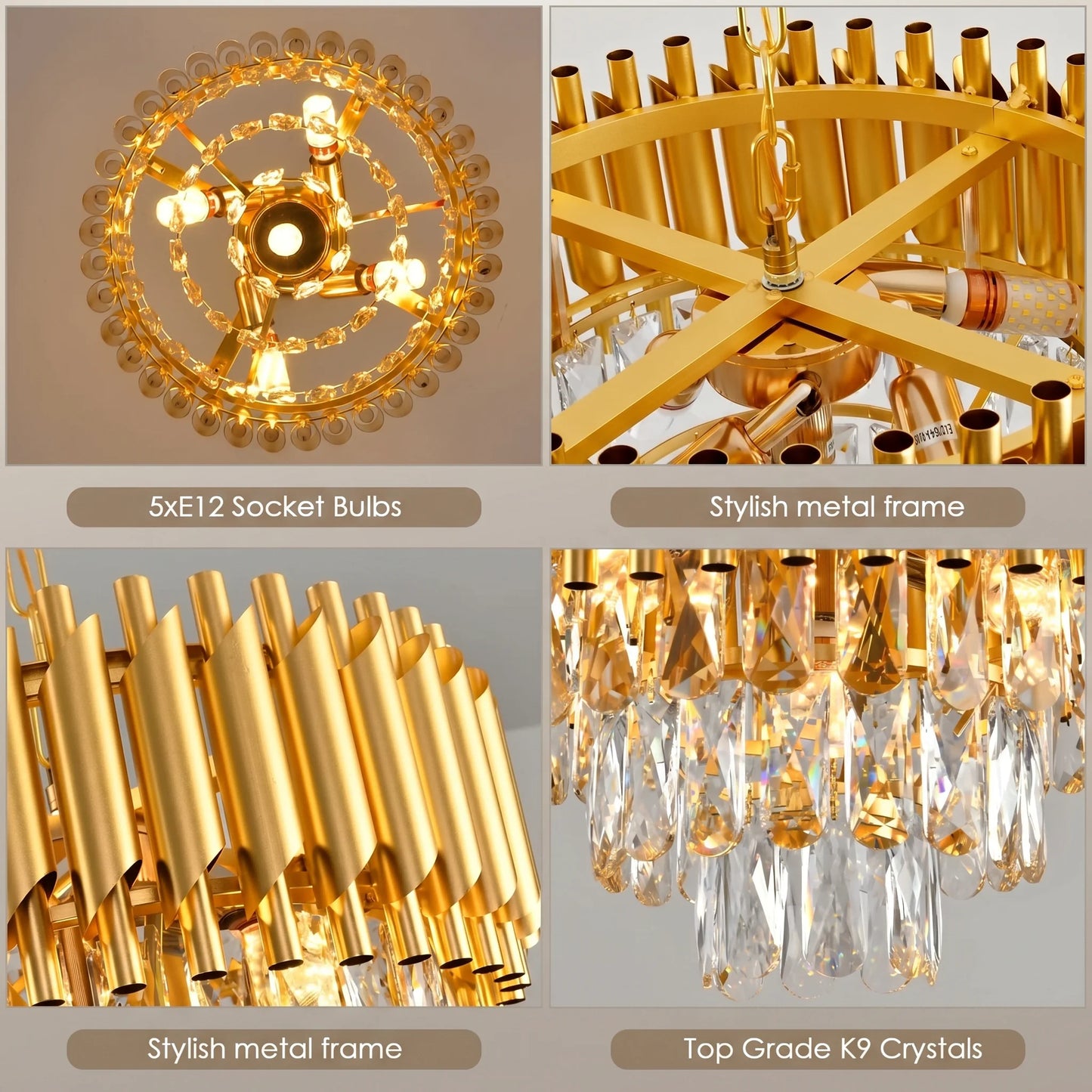 Modern Gold Crystal Chandelier, Luxury 3-Tier K9 Crystal Chandelier for Dining Room/Living Room/Kitchen Island/Bedroom