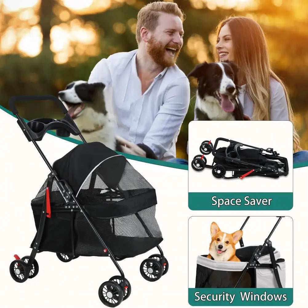Pet Dog Cat Stroller, Outdoor Travel Pet Folding Stroller with Cup Holder, Breathable Visible Mesh Stroller for Medium Small Dog