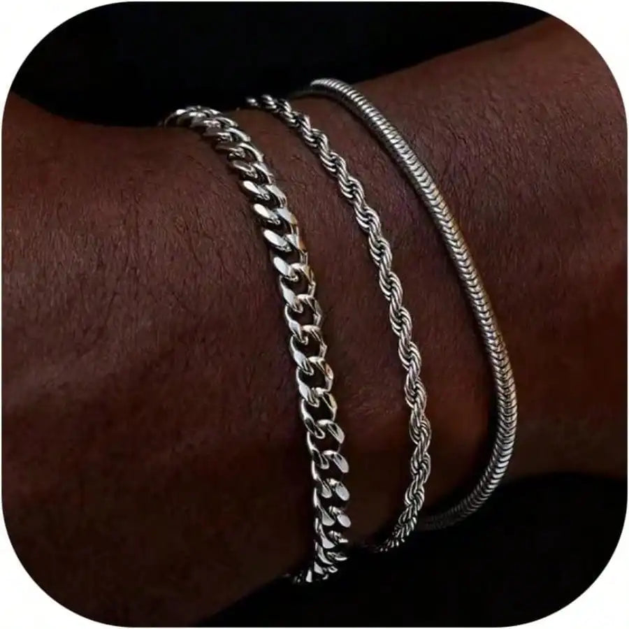 Dainty Gold/Silver Chain Bracelet Stack 14K Gold Plated Silver Bracelets For Men Stainless Steel Adjustable Cross Charm Cuban Link Bracelet Snake Jewelry To Men Dad Birthday Day