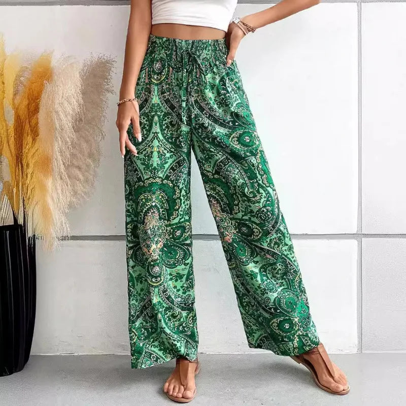 Women Bohemian Style Travel Pants Fashion Stretchy Loose Waist Straight Bloomers Casual Lounge Joggers Daily Casual Wear Pants
