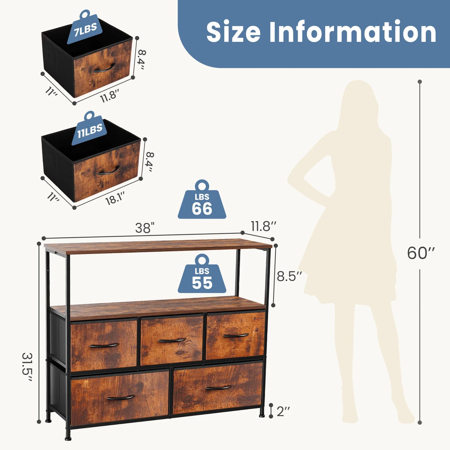 JHK Fireplace TV Stand Dresser For Bedroom With 5 Fabric Drawers Storage Closet Chest Clothes Storage Display Cabinet Furniture