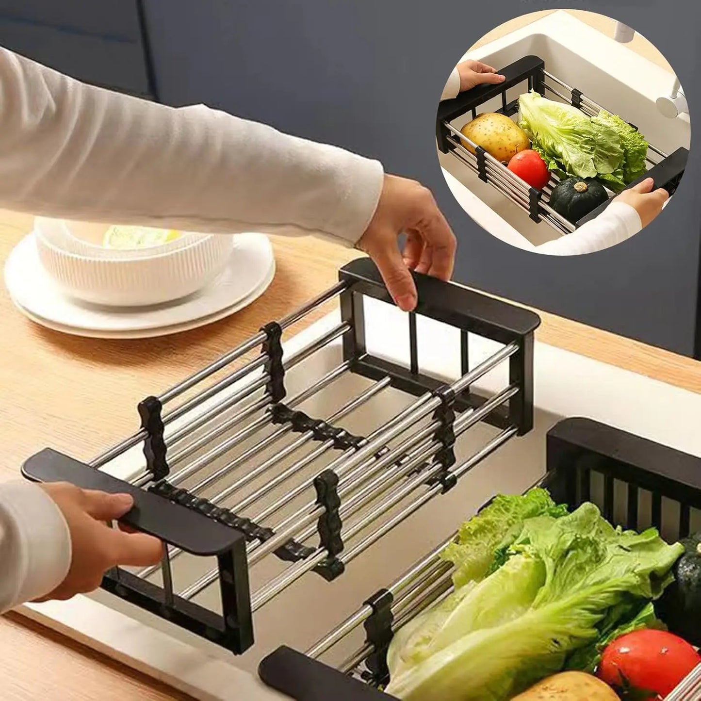 Adjustable Stainless Steel Kitchen Sink Drain Basket Telescopic Dish Drying Rack Fruit Vegetable Drainer Tray Storage Organizer