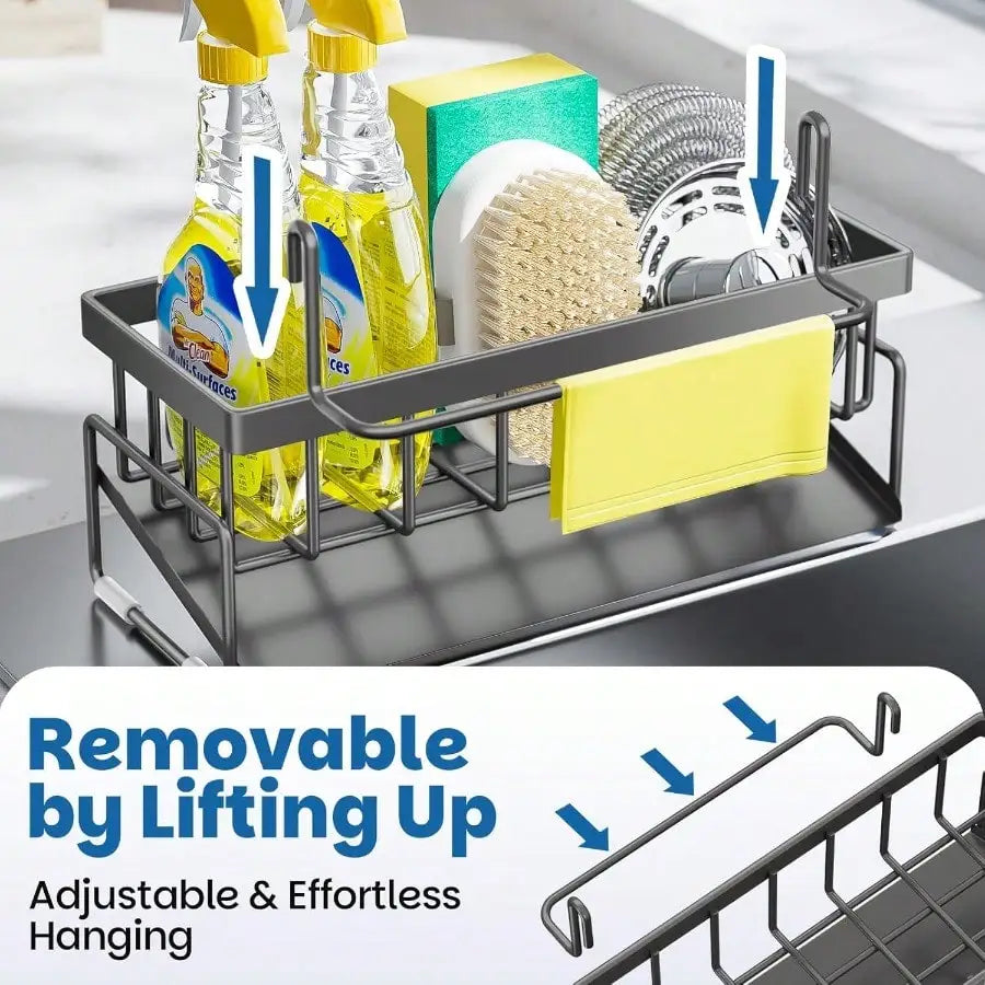 Multi Functional Kitchen Sink Storage Rack with Towel Rack - Heavy-duty Metal Sponge Rack, Dishwashing Liquid Storage Box, and Self Draining Tray - No Drilling Installation, Space Saving Sink Underneath, Suitable for Restaura