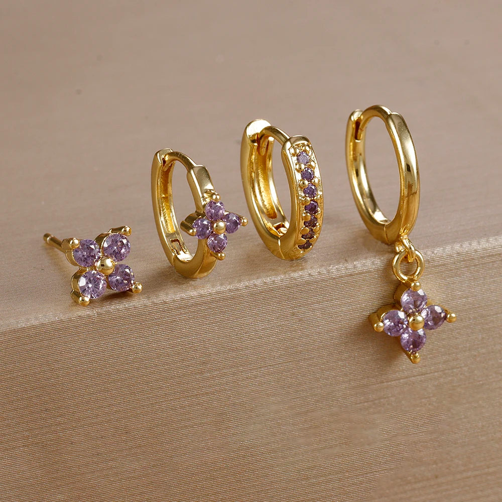 4pcs Fashion Cubic Zirconia Flower Hoop Earrings Set 18K Gold Plated Stainless Steel Stud Earring Piercing Jewelry aretes mujer