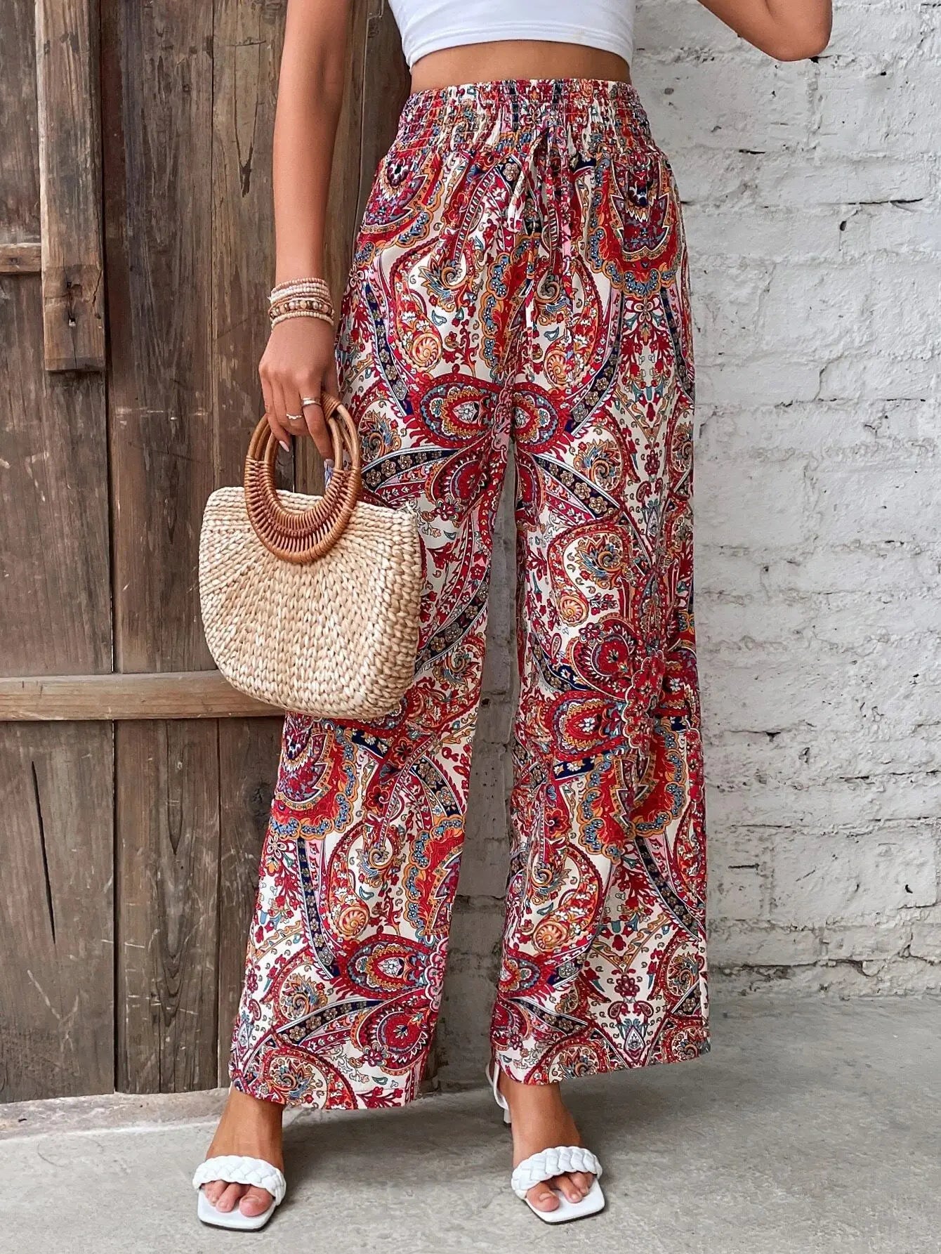 Women Bohemian Style Travel Pants Fashion Stretchy Loose Waist Straight Bloomers Casual Lounge Joggers Daily Casual Wear Pants