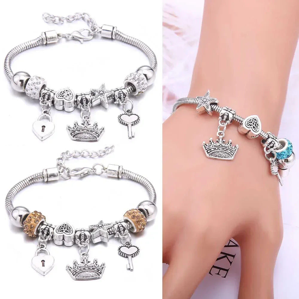 2025 New Charm Bracelet & Bangles Jewelry white butterfly Crown Beads Bracelets Brands Bracelets Fit Women Girl Gift