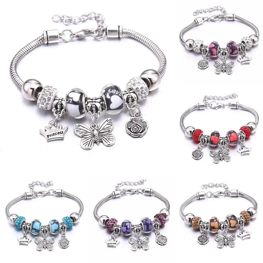 2025 New Charm Bracelet & Bangles Jewelry white butterfly Crown Beads Bracelets Brands Bracelets Fit Women Girl Gift